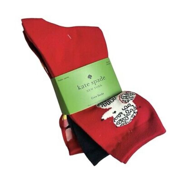 KATE SPADE ♠️ THREE PAIRS DIFF CREW SOCKS FOR WOMEN OS NWT POODLE HEART STRIPES - Picture 2 of 3